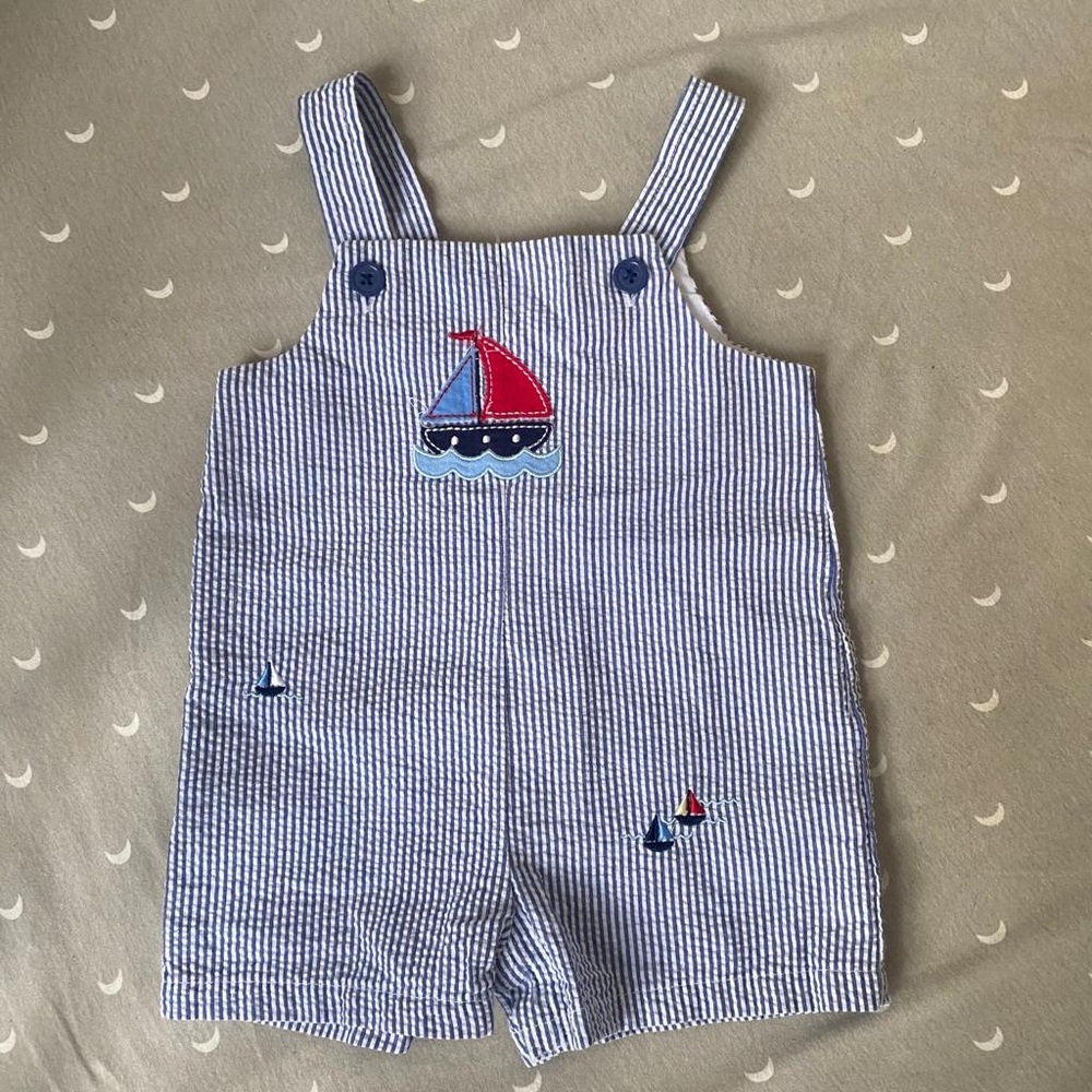 Seersucker shortalls with sailboat embroidery
